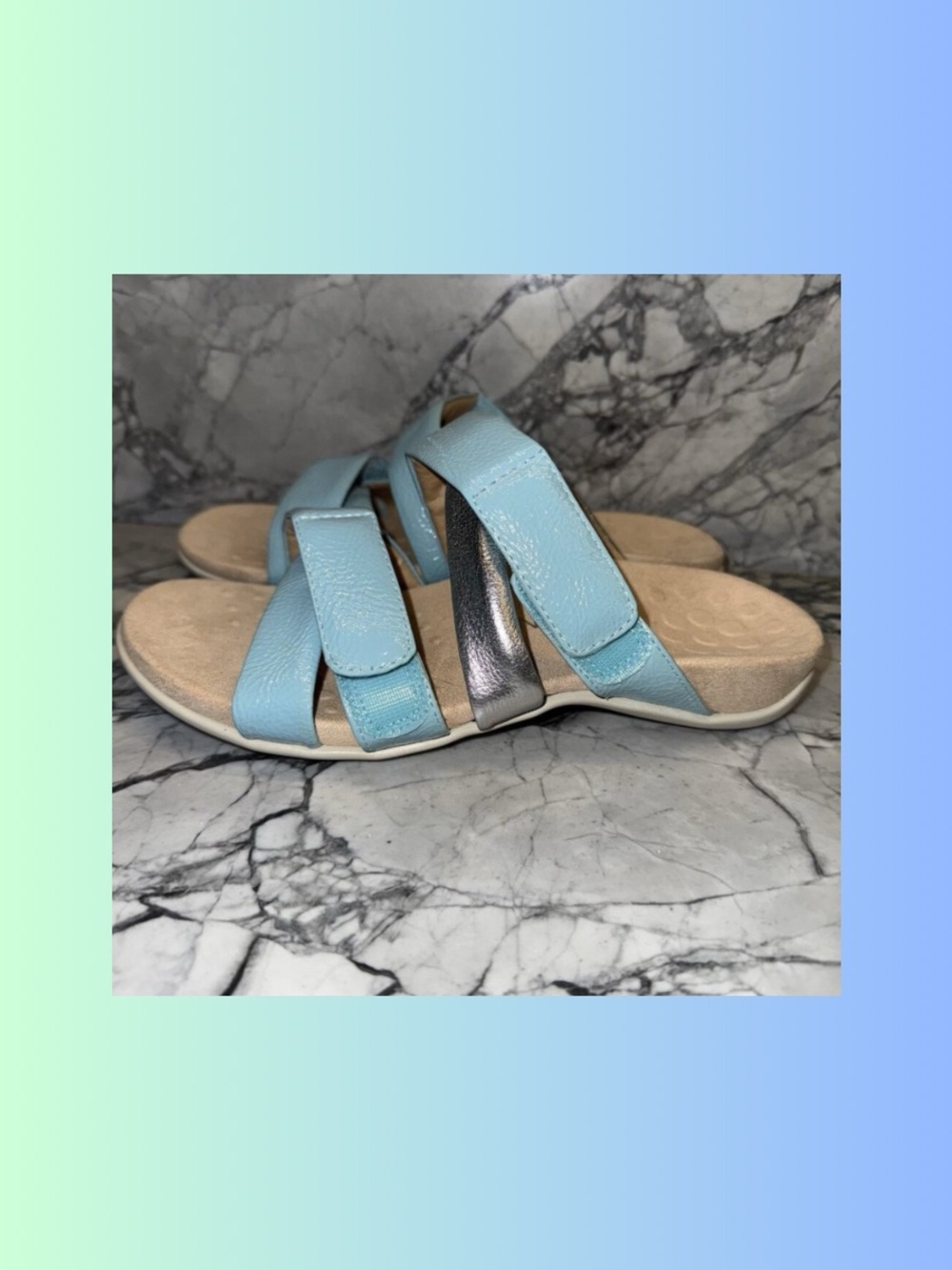 Vionic Blue & Silver Strappy Slide Sandals-Orthotic Footbed